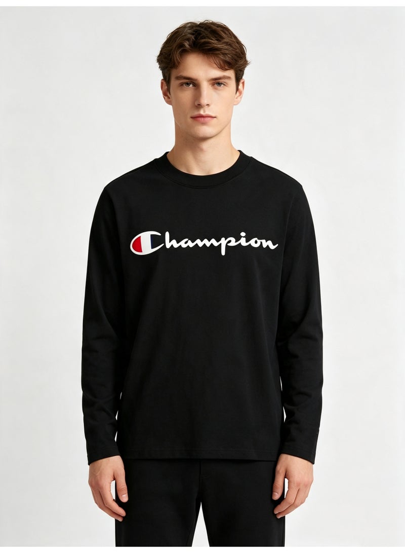 Champion Unisex Crew‑Neck Long Sleeve T‑Shirt Classic Logo Casual Cotton Top Black-L - Image 1