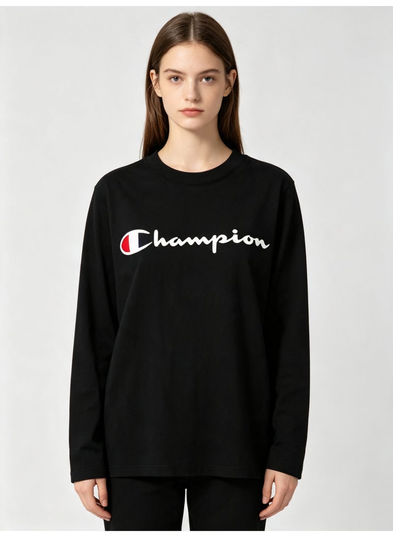 Champion Unisex Crew‑Neck Long Sleeve T‑Shirt Classic Logo Casual Cotton Top Black-L - Image 2