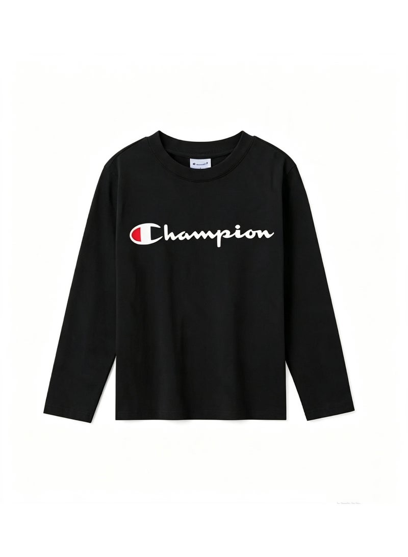 Champion Unisex Crew‑Neck Long Sleeve T‑Shirt Classic Logo Casual Cotton Top Black-L - Image 3