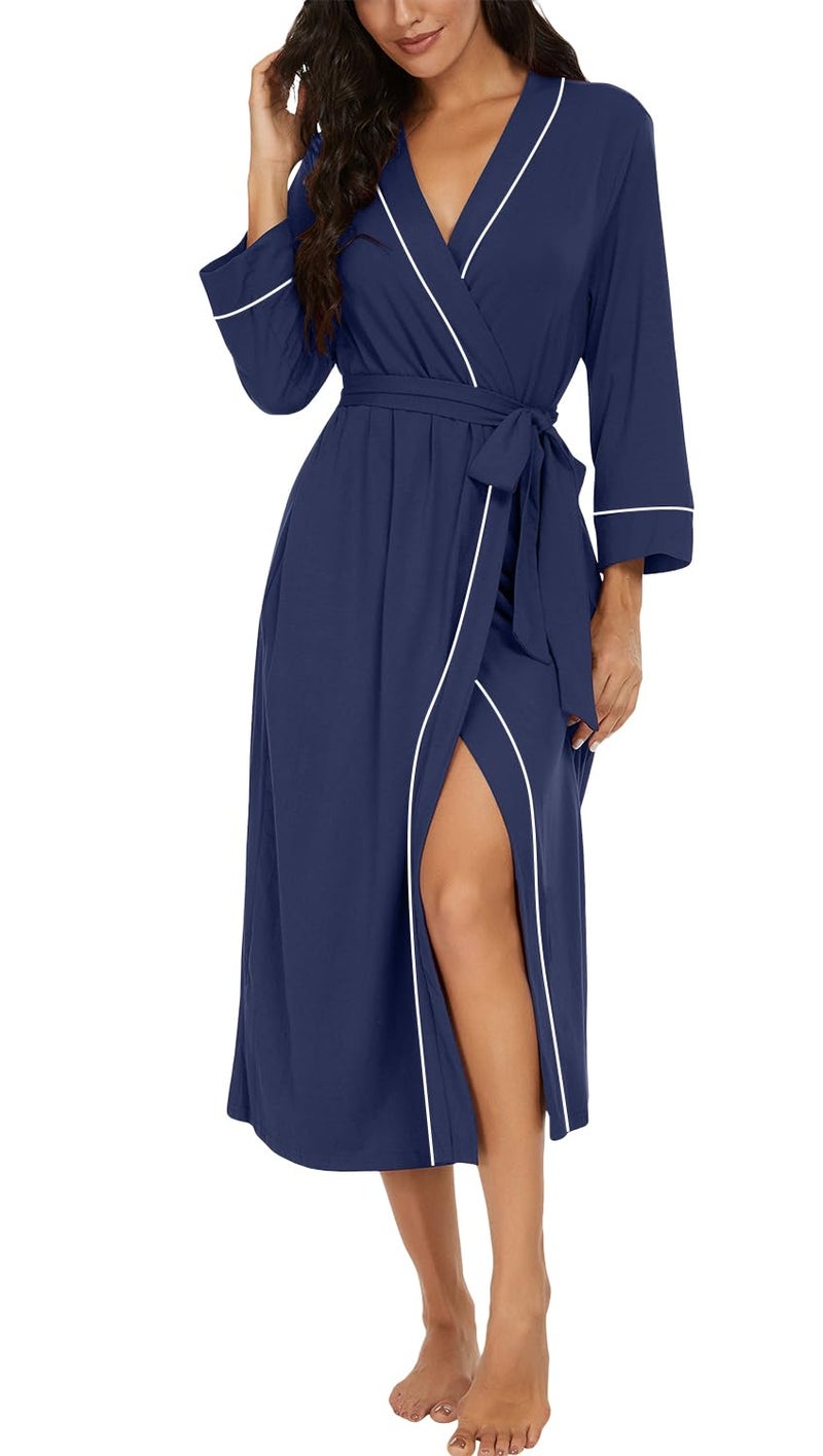 PrinStory Womens Robe Long Kint Bathrobe Lightweight Soft Robes Ladies Bath Robe Navy Blue-L - Image 1