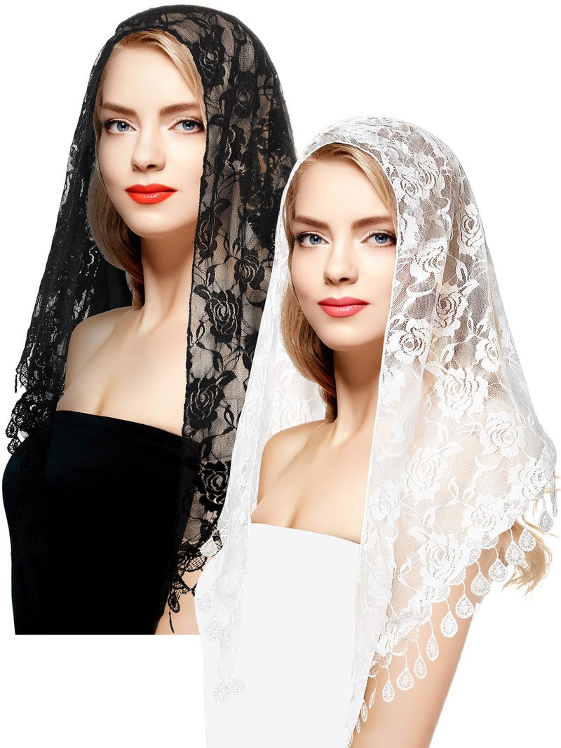 BOARDFEB 2 Pcs Mass Veil Triangle Mantilla Cathedral Head Covering Chapel Veil Lace Shawl Latin Scarf Latin Mass Head Covering Veils for Bridal Women - Image 1