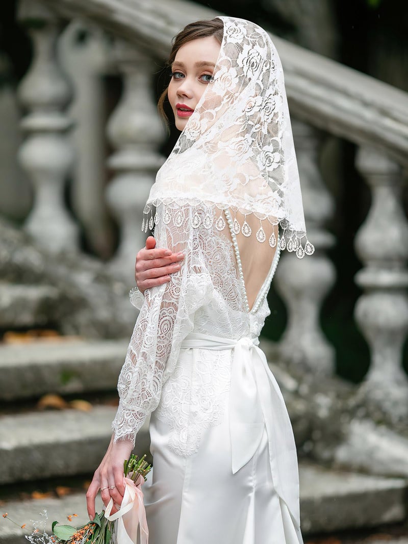 BOARDFEB 2 Pcs Mass Veil Triangle Mantilla Cathedral Head Covering Chapel Veil Lace Shawl Latin Scarf Latin Mass Head Covering Veils for Bridal Women - Image 4