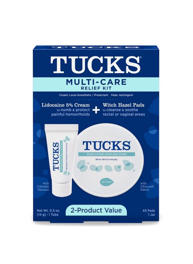 Tucks Tucks Multi-Care Relief Kit – 40 Count Witch Hazel Pads & 0.5 oz. Lidocaine Cream - Protects from Irritation, Hemorrhoid Treatment Medicated Pads Used by Hospitals - Image 1