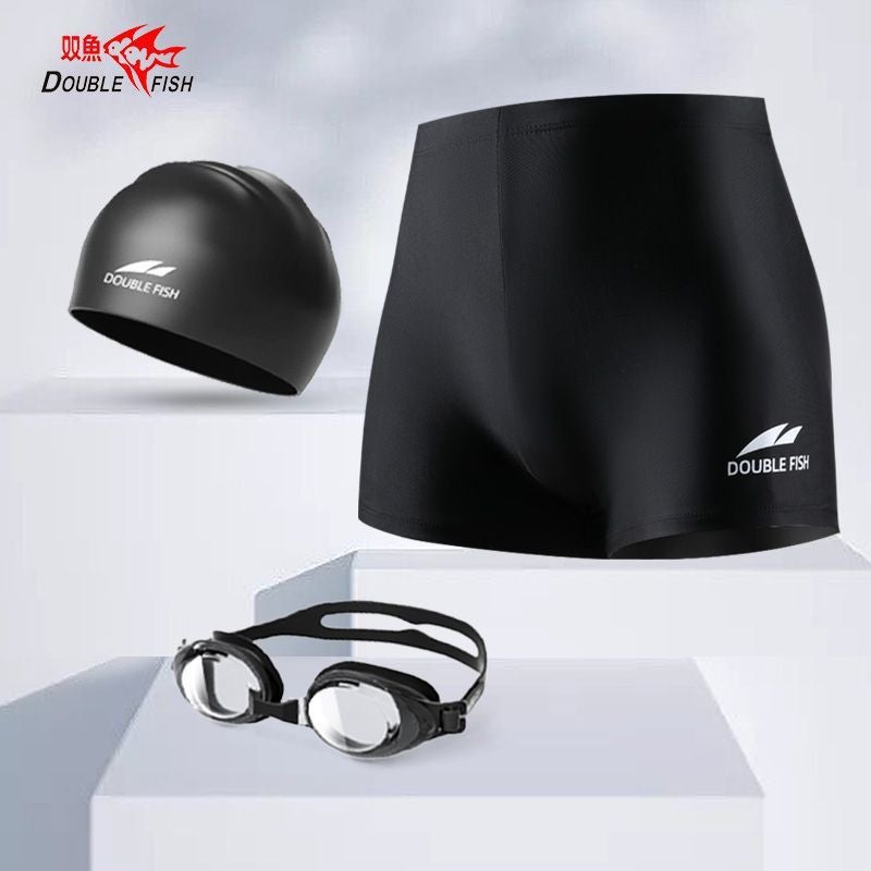 Generic Pisces Swimming trunks for adult men sun protection plus size loose quick-drying comfortable boxer professional swimming training suitDF-black three-piece set [swimming trunks + swimming caps + goggles]] DF-black three-piece set [swimming trunks + swimming caps + goggles]]