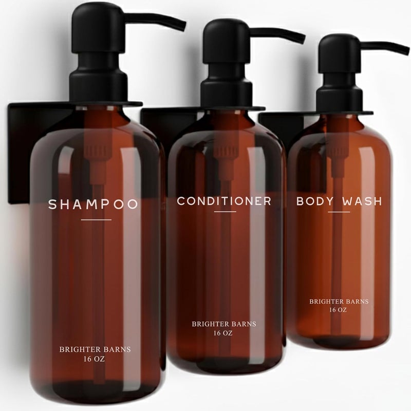 Brighter Barns Amber Shampoo and Conditioner Dispenser Set Wall Mounted by - Plastic Shower Dispenser Set - 3 Chamber Drill Free Shampoo Bottles - Modern Bathroom Decor for Guest Bathroom, Spa (Amber) - Image 1