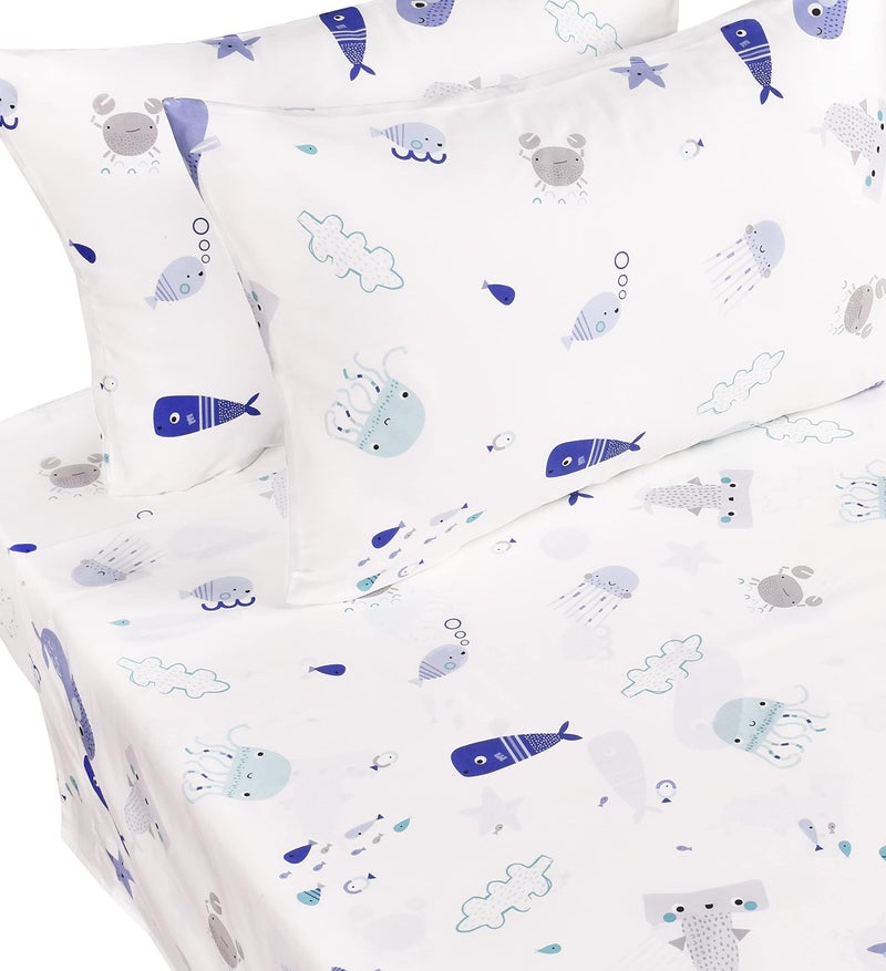 J-pinno Sea Animal Fish Whale Underwater World Cute Cozy Fun Full Sheet Set for Kids Girls Children100% Cotton, Flat Sheet + Fitted Sheet + Pillowcase Bedding Set (10, Full) - Image 2
