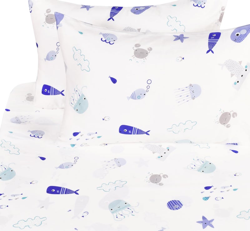 J-pinno Sea Animal Fish Whale Underwater World Cute Cozy Fun Full Sheet Set for Kids Girls Children100% Cotton, Flat Sheet + Fitted Sheet + Pillowcase Bedding Set (10, Full) - Image 5