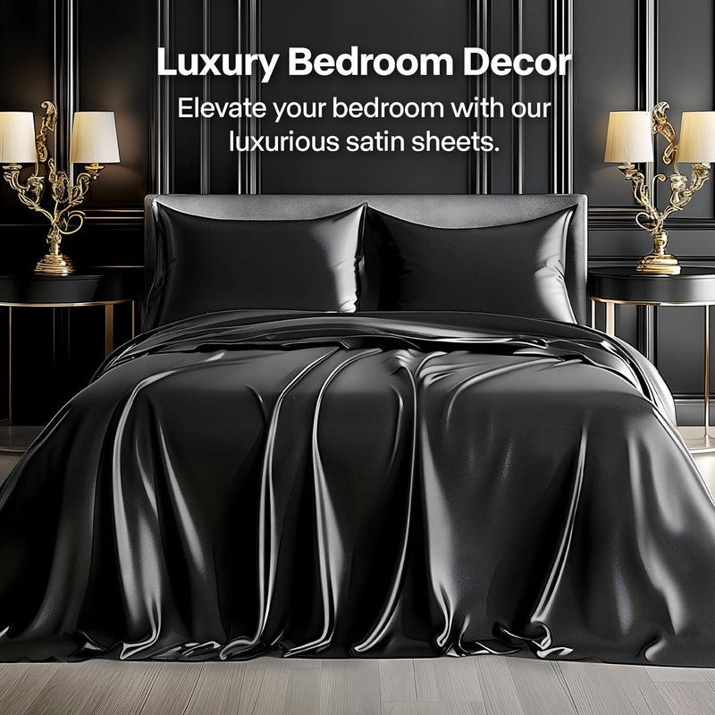 BEDELITE King Size Sheets Set, Luxury Soft Black Satin Sheets for Hair and Skin, Similar to Silk Bed Sheets Set 4 Pieces with 1 Deep Pocket Fitted Sheet, 1 Flat Sheet, and 2 Pillowcases - Image 2
