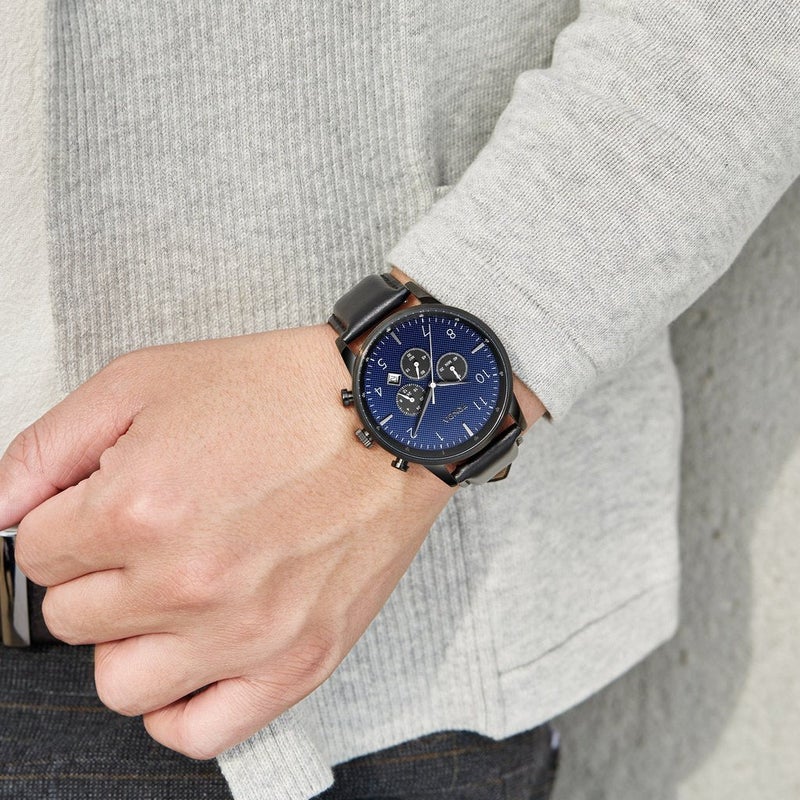 ترندا TRNDA بساعة يد للرجال بقطر 43 مم من الفولاذ المقاوم للصدأ الأسود - تصميم خالد مع مينا زرقاء داكنة. - Image 2