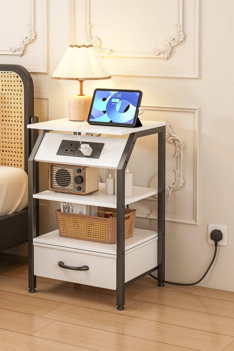 Lafulaifu طاولة سرير جانبية موفرة للمساحة مع طاولة جانبية برفين مفتوحين للشحن في المملكة المتحدة للسكن الجامعي، وطاولة جانبية للغرفة الصغيرة 38*28*63 سم، باللون الأبيض - Image 1