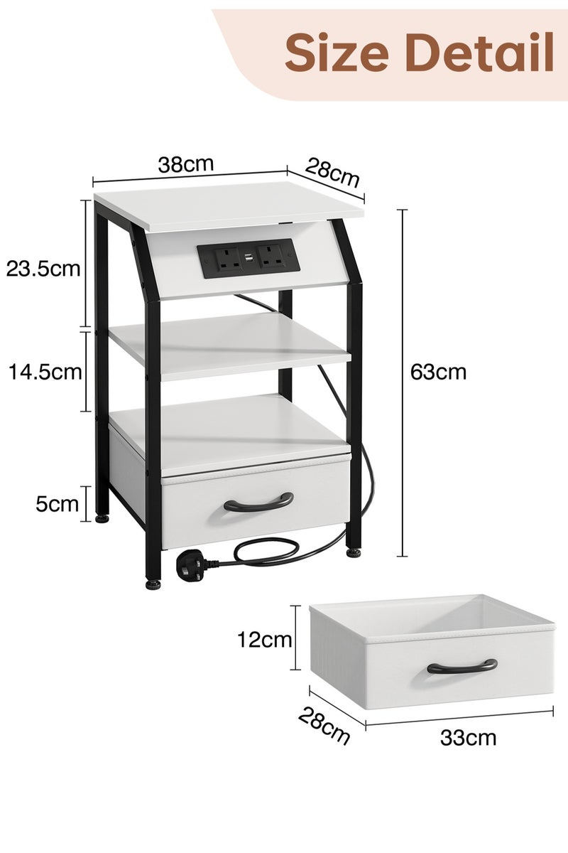 Lafulaifu طاولة سرير جانبية موفرة للمساحة مع طاولة جانبية برفين مفتوحين للشحن في المملكة المتحدة للسكن الجامعي، وطاولة جانبية للغرفة الصغيرة 38*28*63 سم، باللون الأبيض - Image 2