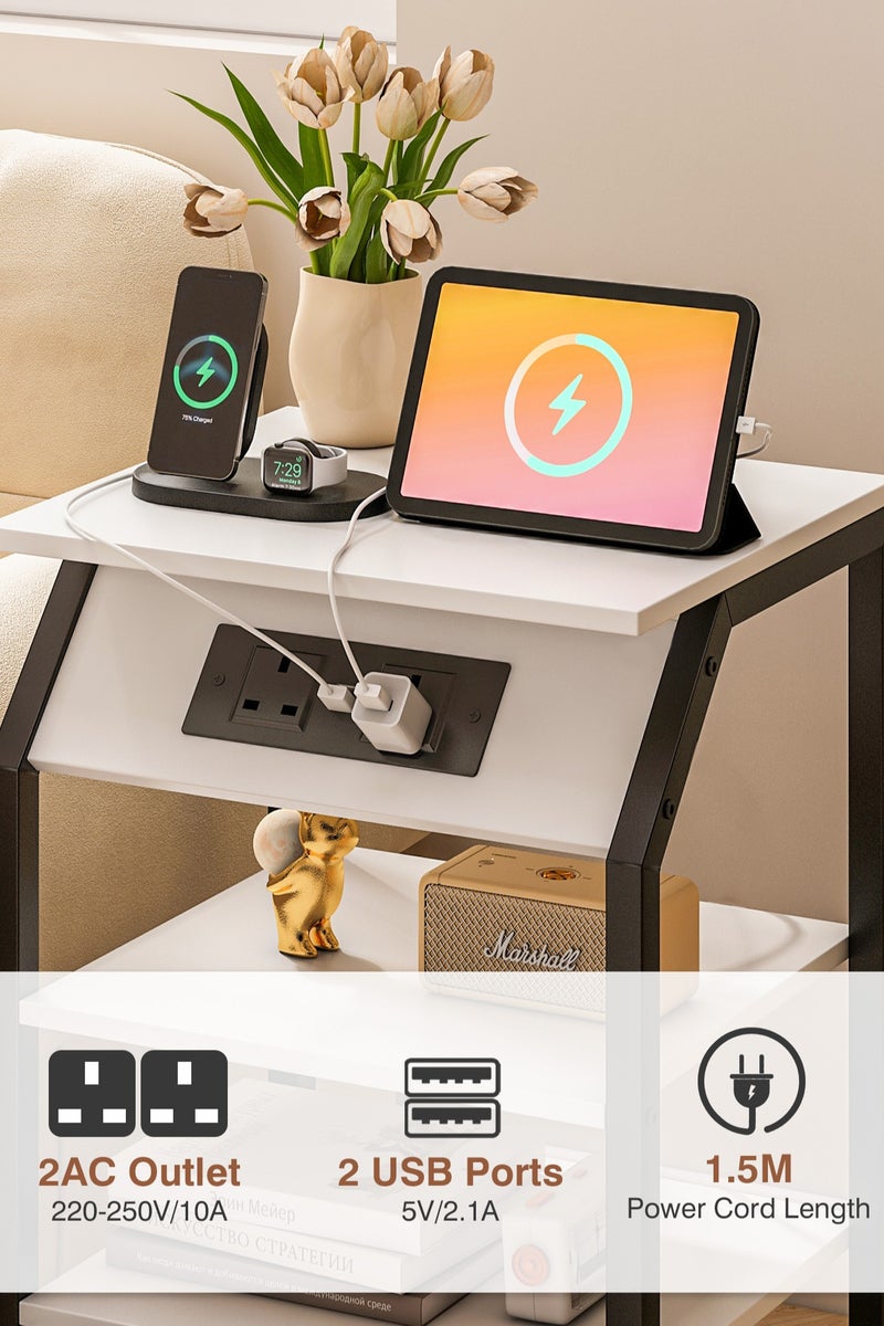 Lafulaifu طاولة سرير جانبية موفرة للمساحة مع طاولة جانبية برفين مفتوحين للشحن في المملكة المتحدة للسكن الجامعي، وطاولة جانبية للغرفة الصغيرة 38*28*63 سم، باللون الأبيض - Image 4