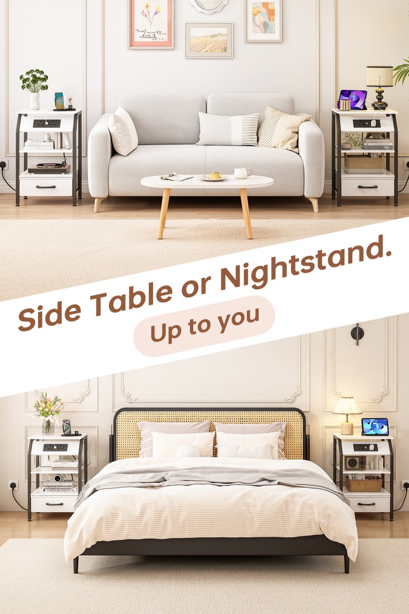 Lafulaifu طاولة سرير جانبية موفرة للمساحة مع طاولة جانبية برفين مفتوحين للشحن في المملكة المتحدة للسكن الجامعي، وطاولة جانبية للغرفة الصغيرة 38*28*63 سم، باللون الأبيض - Image 5