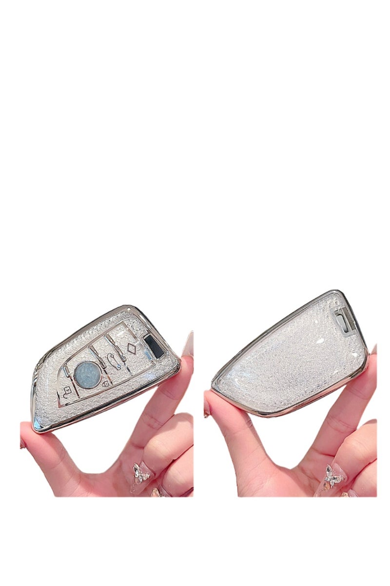 OUYoo غطاء مفتاح OUYoo مع سلسلة مفاتيح، صدفة معدنية متوافقة مع سيارات BMW من السلاسل 2، 5، 6، 7، X1، X2، X3، X5 وX6. غطاء TPU فاخر شامل للمفتاح الذكي مع سلسلة مفاتيح. (لون أبيض). - Image 3