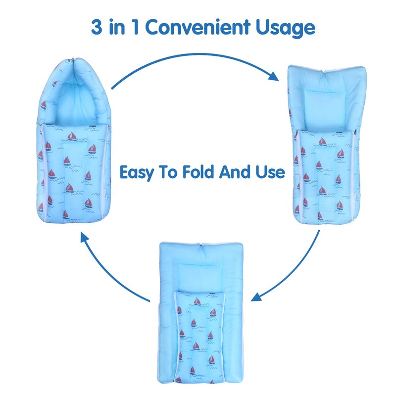 1ST STEP Muslin Cotton 3 in 1 Baby Bed, Sleeping Bag & Carry Nest, Cotton Baby Bedding for New Born & Infant, Portable Bassinet, for Baby Carrying & Sleeping, Unisex Baby Sleeping Bed (BLBOAT) - Image 3