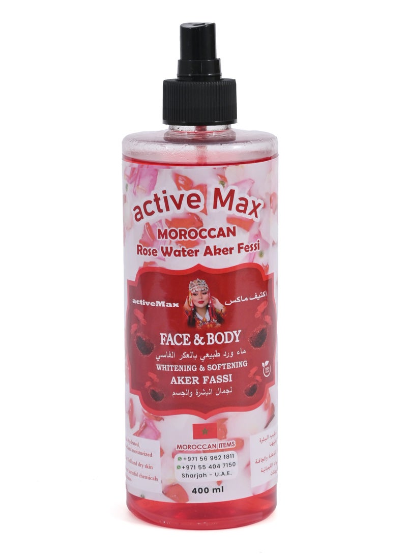 اكتيف ماكس ماء الورد المغربي الطبيعي مع العكار الفاسي الأصلي للبشرة  والجسم 400 مل