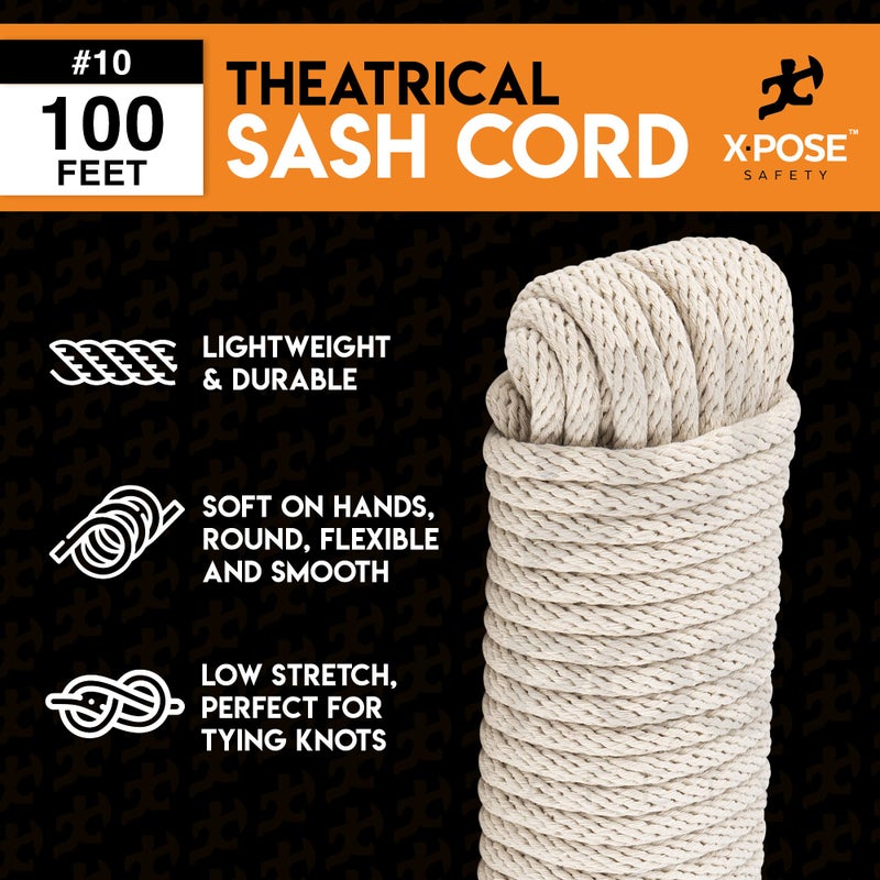 إكسبوز سايفتي حبل وشاح Xpose Safety #10 - 5/16 بوصة × 100 قدم - حبل قطني أبيض مع قلب من النايلون - حبل متعدد الاستخدامات منخفض التمدد لربط وشاح النافذة وحبل الغسيل والتخييم والتجهيزات والحرف اليدوية وتحسين المنزل - Image 2