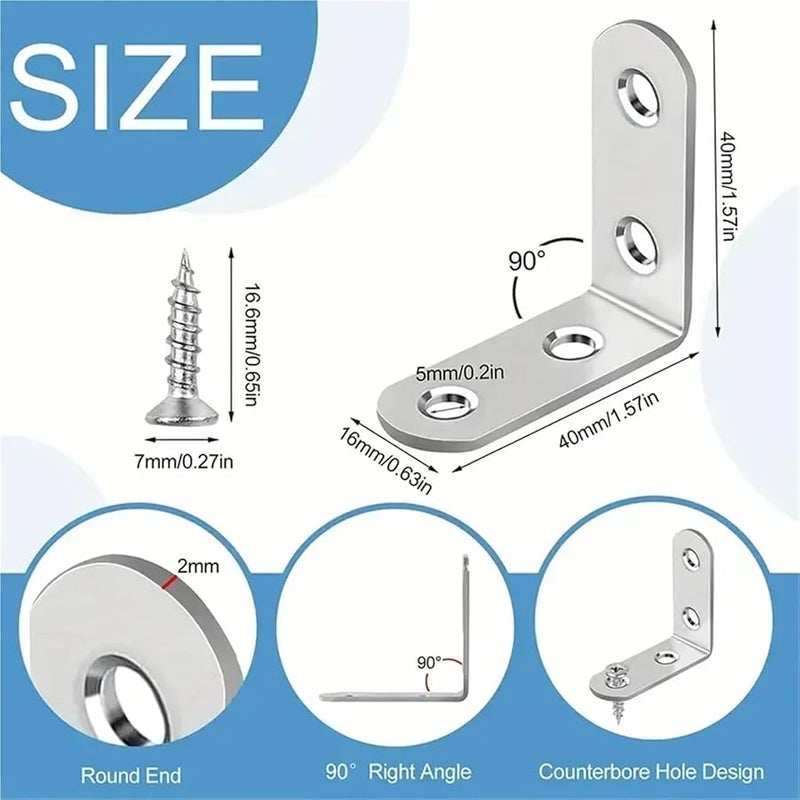 Stainless Steel Corner Brackets 50Pcs 90 Degree L Bracket With Screws For Furniture Shelves Cabinet - Image 3