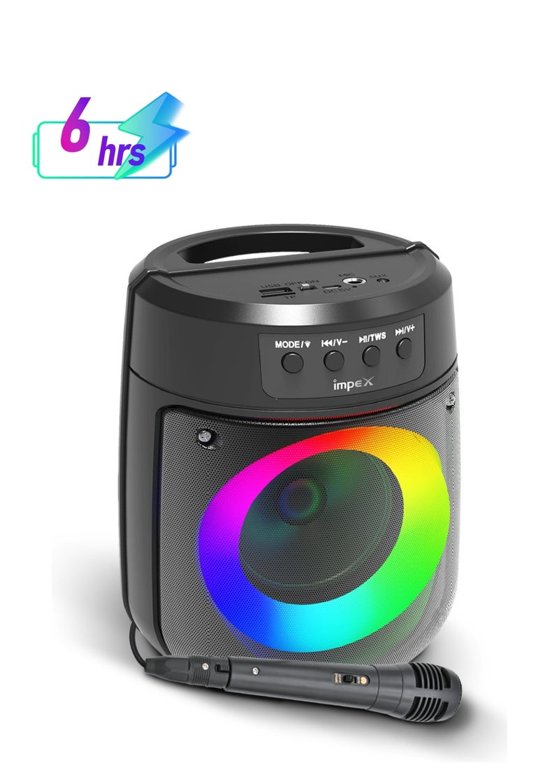 Impex Portable Bluetooth Speaker, 500W PMPO, 4" Wireless Speaker with Magic Ring Light, 1200mAh Battery, Bluetooth 5.1, USB/Micro SD/AUX/FM/MIC/TWS, Type-C Charging, Wired Mic, 10m Range, Black - TS 1106 Black - Image 1