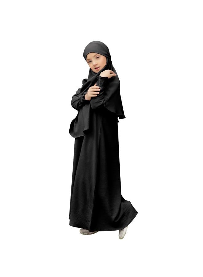 OBEEII Abaya for Girls Muslim Long Sleeve Prayer Dress Ramadan Kaftan Abaya with Hijab Islamic Clothing Arabic Eid Robe, Black, 9-10 Years - Image 1