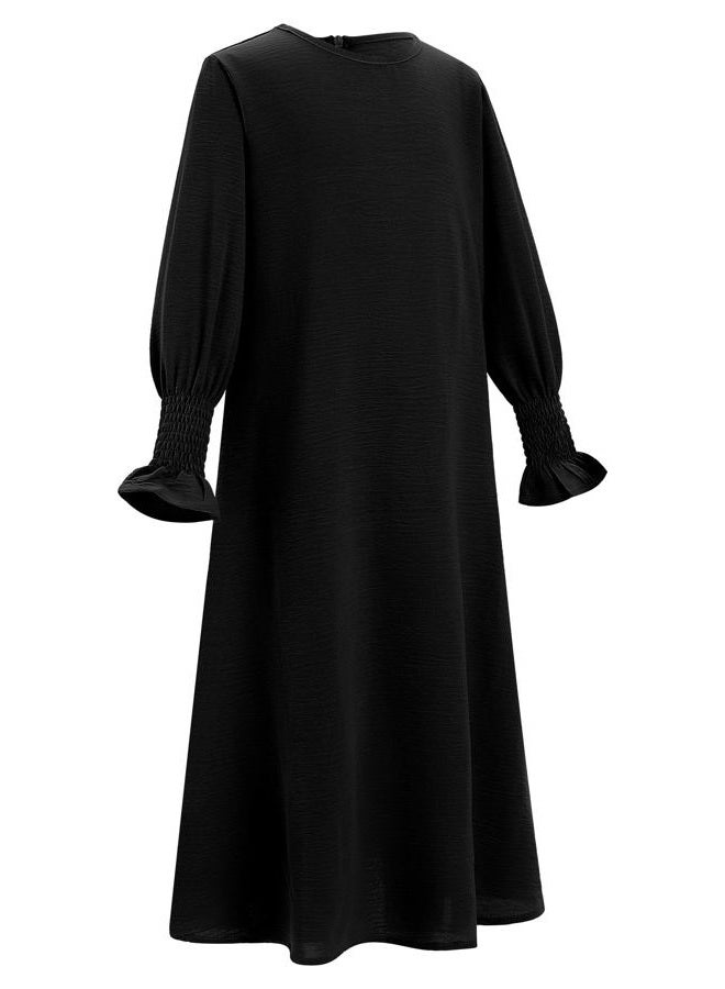 OBEEII Abaya for Girls Muslim Long Sleeve Prayer Dress Ramadan Kaftan Abaya with Hijab Islamic Clothing Arabic Eid Robe, Black, 9-10 Years - Image 4