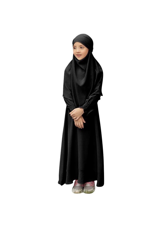 OBEEII Abaya for Girls Muslim Long Sleeve Prayer Dress Ramadan Kaftan Abaya with Hijab Islamic Clothing Arabic Eid Robe, Black, 9-10 Years - Image 2