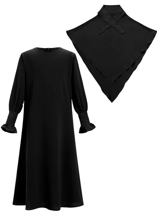 OBEEII Abaya for Girls Muslim Long Sleeve Prayer Dress Ramadan Kaftan Abaya with Hijab Islamic Clothing Arabic Eid Robe, Black, 9-10 Years - Image 3