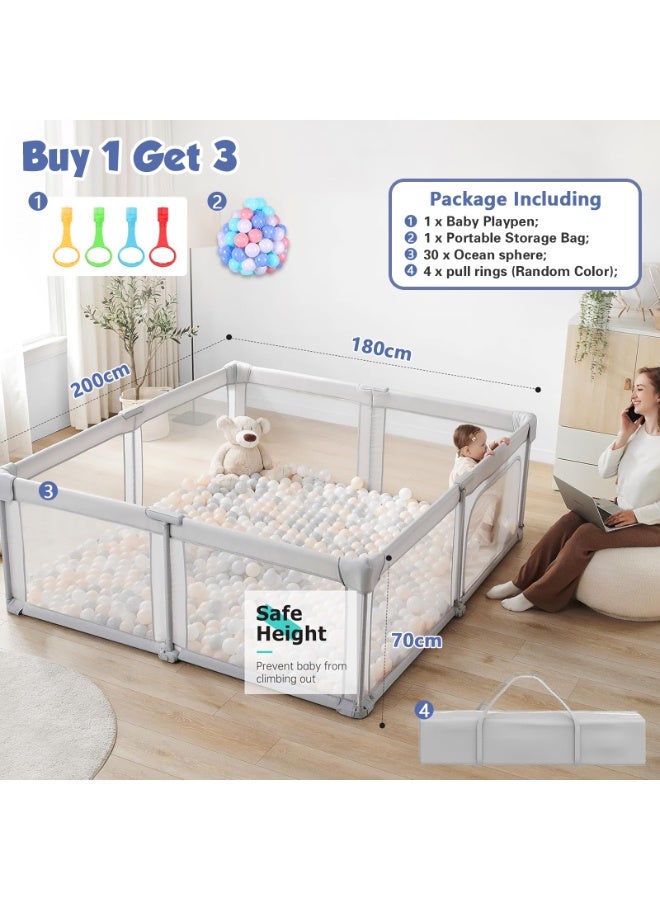 LIODUX Foldable Baby Playpen, 180 x 200CM Quick Setup Baby Fence, Collapsible Play Pen for Babies, Folding Children's Fence Play Area with Storage Bag, Playpen for Babies, Grey - Image 4