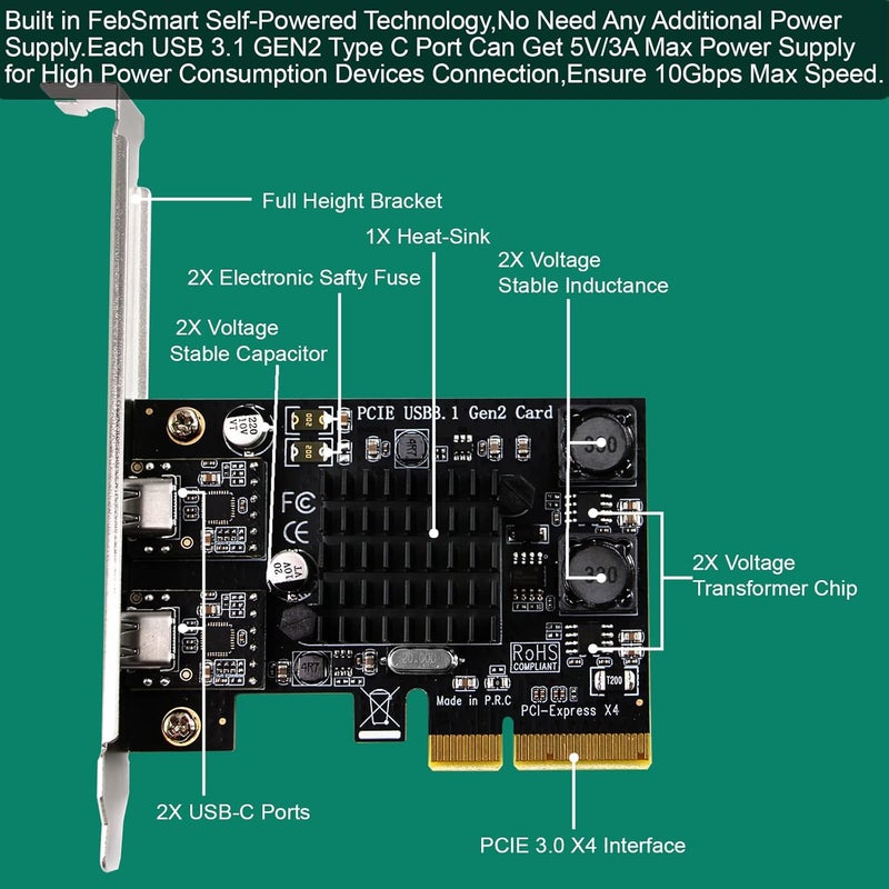 FebSmart 2X 10Gbps Max Speed USB-C Ports PCIE USB 3.1 GEN 2 Expansion Card for Windows, MAC OS and Linux PCs, Built in Self-Powered Technology, No Need Additional Power Supply (FS-C2-Pro) - Image 3