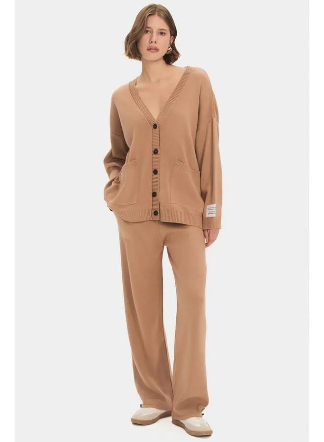 JUNE June Women Wide Fit V Neck Button Detailed Cardigan Trouser Set Tan