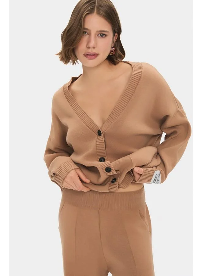JUNE June Women Wide Fit V Neck Button Detailed Cardigan Trouser Set Tan