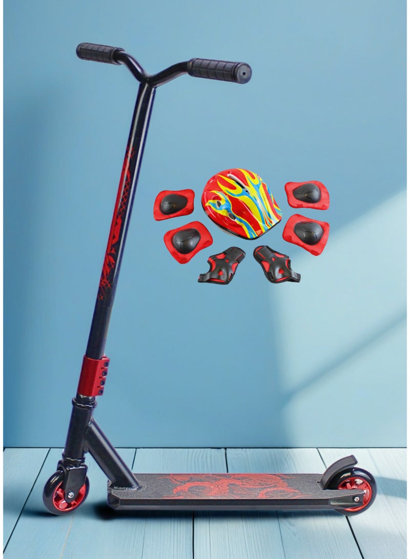 إيزي فيتشور سكوتر EASY FUTURE ذو عجلتين، مصنوع من الألومنيوم، مزود بشريط لاصق مانع للانزلاق، مثالي للحركات البهلوانية، عجلات ألومنيوم 110 مم، مقود عريض على شكل حرف T، فرامل فولاذية، خفيف الوزن، مناسب للحركات البهلوانية بزاوية 360 درجة، مناسب للمبتدئين والمتوسطين، يتضمن مجموعة كاملة من معدات الحماية. - Image 1