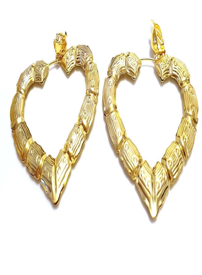 Divas Diggables Clip-on Earrings Bamboo Heart Gold Tone Hoop Earrings 3 inch - Image 2