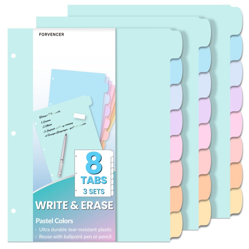 Forvencer 8-Tab Binder Dividers with Tabs, Big Tabs, Write&Erase Plastic Dividers for 3 Ring Binder, Binder Tabs for Organizers, 3 Ring Binder Dividers with Tabs for School Office (Pastels, 3 Set) - Image 1