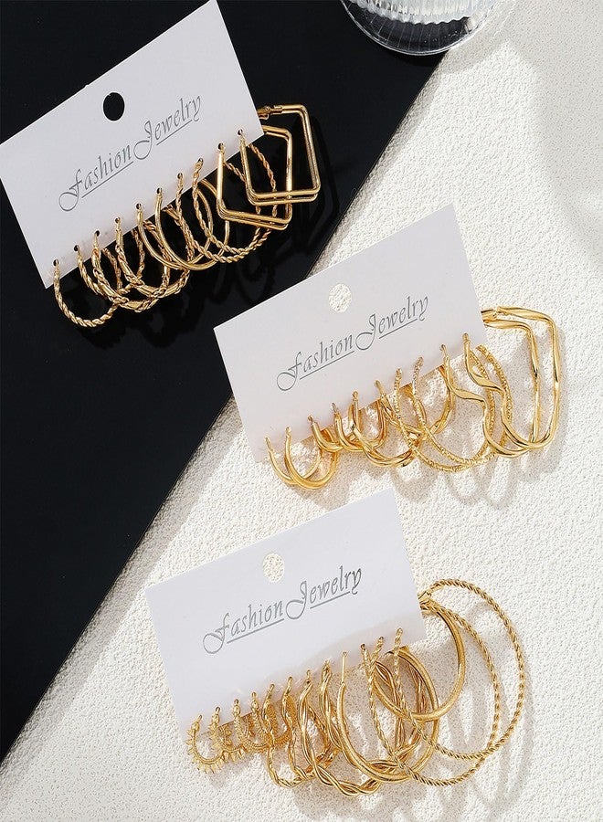 17IF 16 Pairs Golden Hoop Earring Set for Women, Chunky Earring Multipack, Hypoallergenic Trendy Big Small Hoop Earring Lightweight Twisted Statement Ear Pack - Image 5