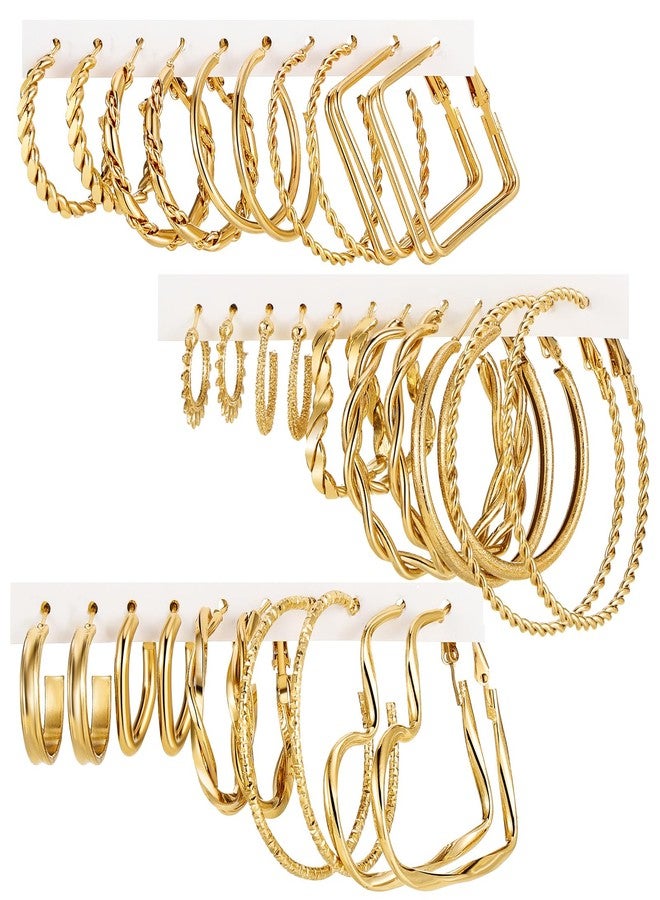 17IF 16 Pairs Golden Hoop Earring Set for Women, Chunky Earring Multipack, Hypoallergenic Trendy Big Small Hoop Earring Lightweight Twisted Statement Ear Pack - Image 1