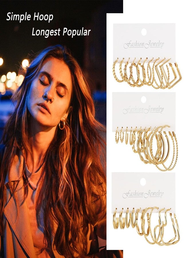 17IF 16 Pairs Golden Hoop Earring Set for Women, Chunky Earring Multipack, Hypoallergenic Trendy Big Small Hoop Earring Lightweight Twisted Statement Ear Pack - Image 2