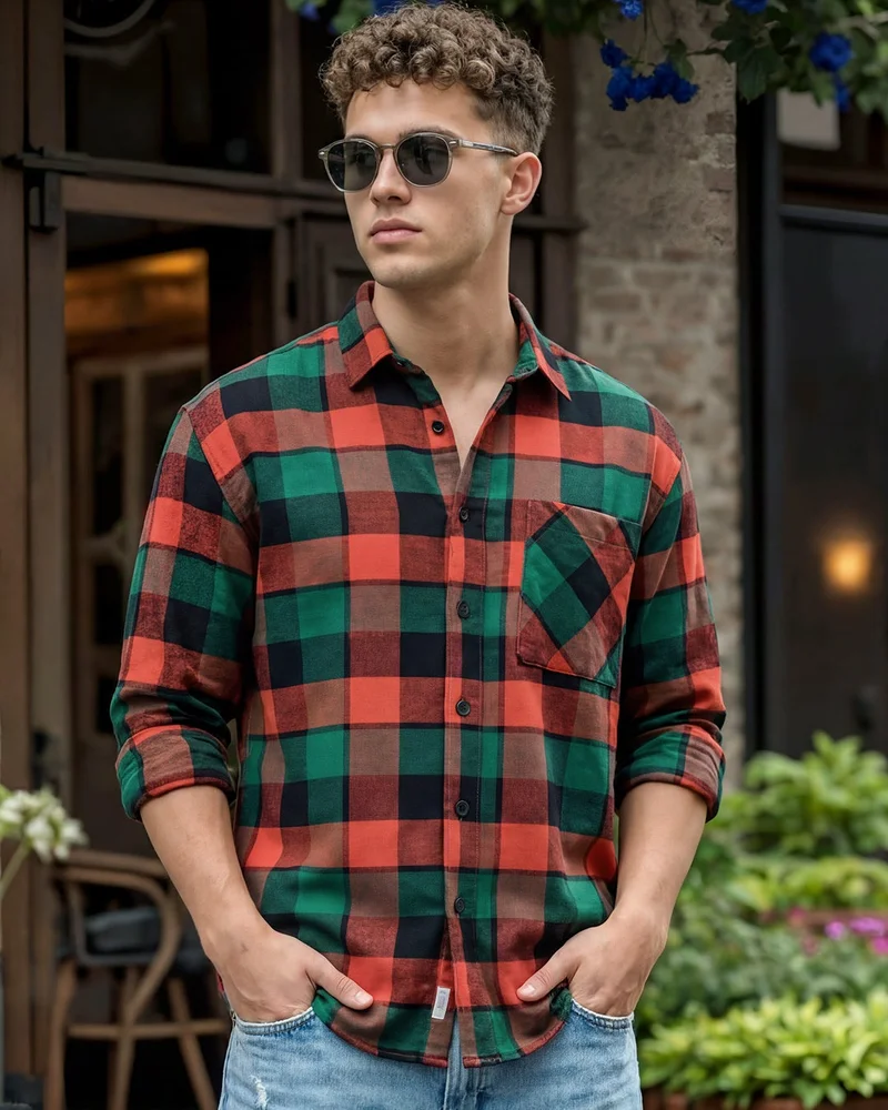 بيواكوف قميص رجالي كبير كاروهات أخضر وأحمر