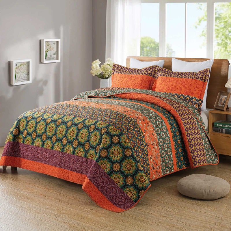 Travan Boho Stripe Quilt Sets Floral Printed Reversible Soft Bohemian Bedding Set with Shams for All Season, Orange Red Stripe, Queen Size - Image 1