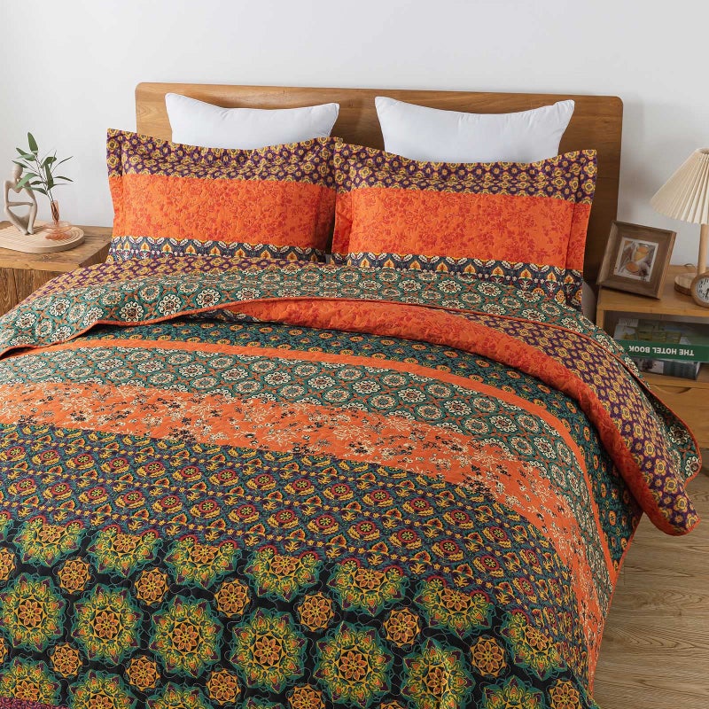 Travan Boho Stripe Quilt Sets Floral Printed Reversible Soft Bohemian Bedding Set with Shams for All Season, Orange Red Stripe, Queen Size - Image 3