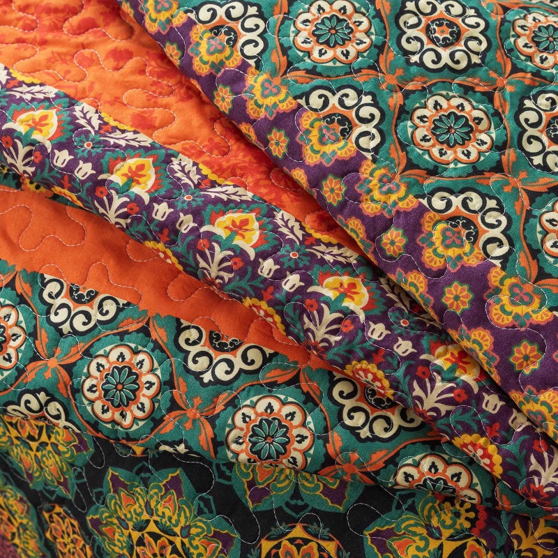 Travan Boho Stripe Quilt Sets Floral Printed Reversible Soft Bohemian Bedding Set with Shams for All Season, Orange Red Stripe, Queen Size - Image 4