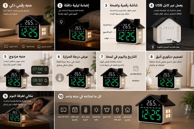 Stylish Home Design LED Digital Alarm Clock – Large Time Date Day Display – Warm Night Light & Dual Alarm with Snooze Function (Black, Yellow) - Image 1