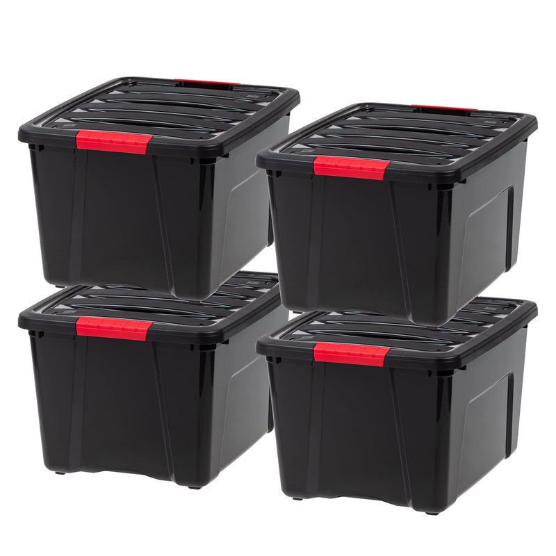 IRIS USA 40 Qt Stackable Plastic Storage Bins with Lids 4 Pack  BPAFree Made in USA  Garage Organizing Solution Latches Durable Nestable Containers Secure Pull Handle  Black