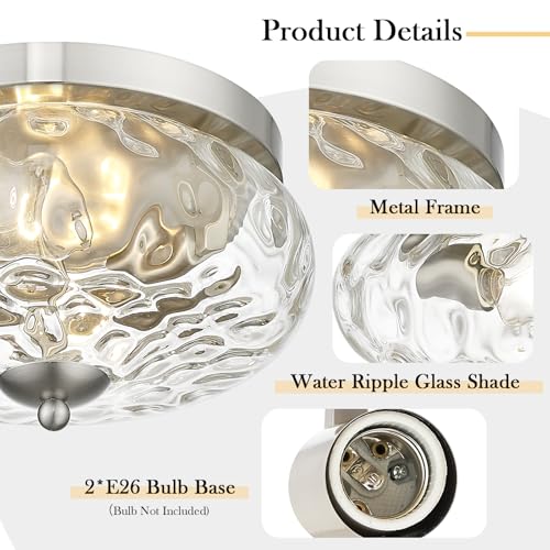 Darkaway Ceiling Light Fixtures Flush Mount Indoor Outdoor Ceiling Light with Water Ripple Glass Shade for Hallway Kitchen Bedroom Porch Living Room Nickel Finish - Image 2