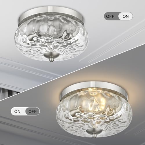 Darkaway Ceiling Light Fixtures Flush Mount Indoor Outdoor Ceiling Light with Water Ripple Glass Shade for Hallway Kitchen Bedroom Porch Living Room Nickel Finish - Image 4