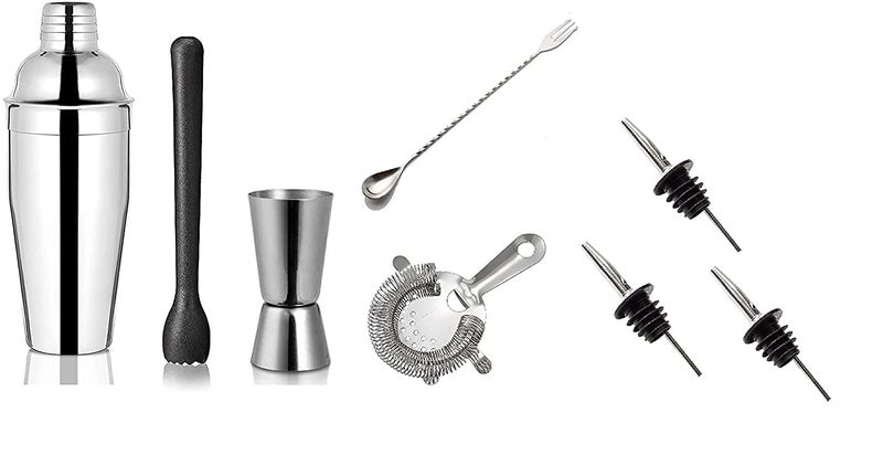 finality Stainless Steel Multiutility Bar Set Fork Bar Spoon Delux Cocktail Shaker 750 ml Black PVC Muddler Cocktail Strainer Tall Peg Measure 3060 ml 3 Wine Pourer Pack of 8