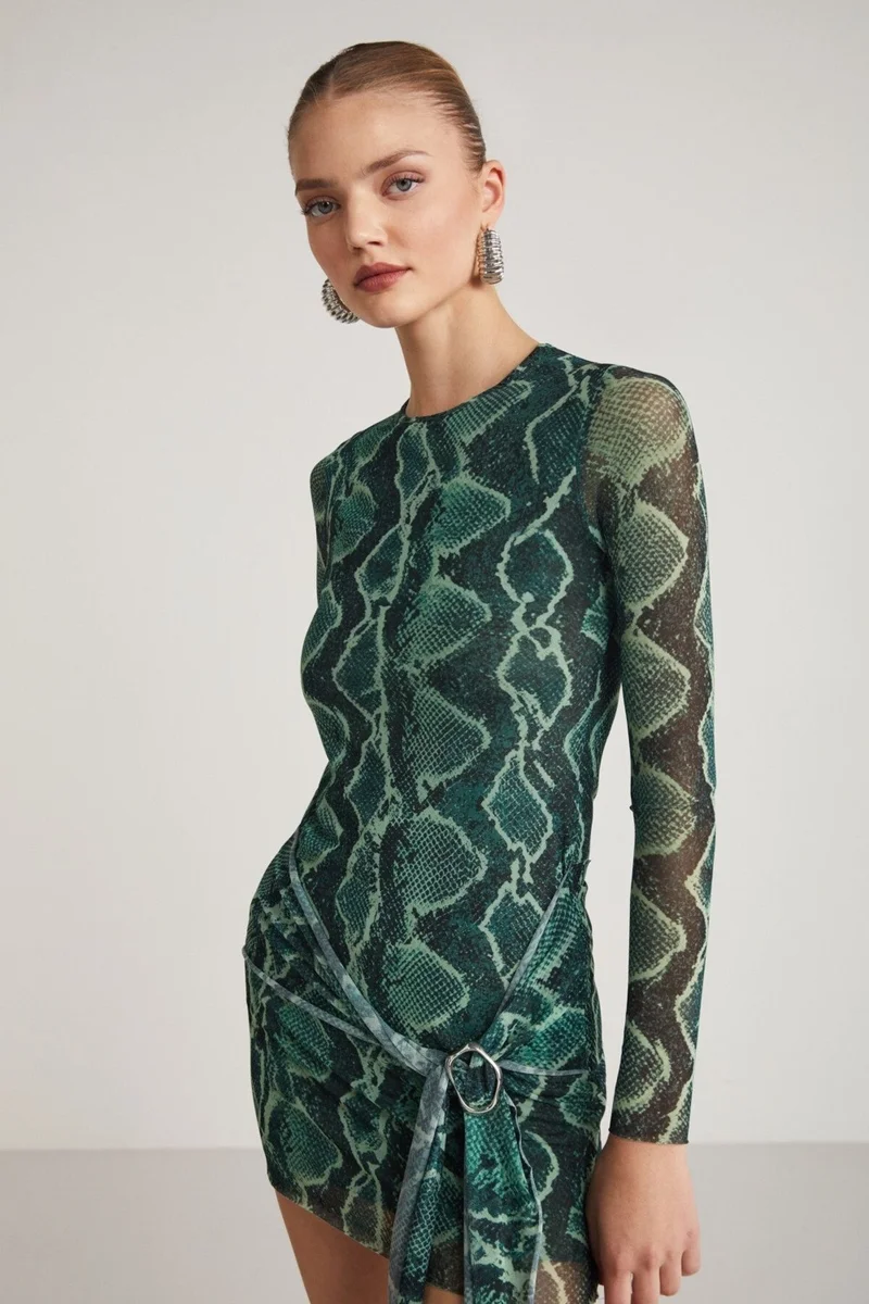 جريميلانج Marian Women's Waist Belt Tie Detailed Tulle Lined Flexible Knitted Fabric Regular Fit Green Dress