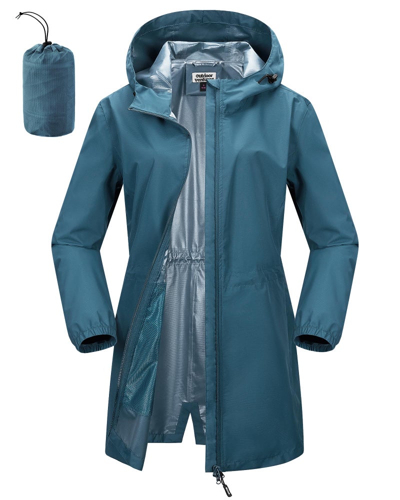 Outdoor Ventures Women's Waterproof Long Rain Coats Packable Lightweight Rain Jacket With Hood Windproof Trench Coats - Image 1