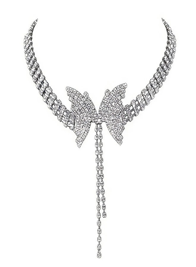 Aomcisi Sexy Shining Crystal Full Rhinestone Choker Crystal Butterfly Choker for Lady Party Jewelry (Silver) - Image 1