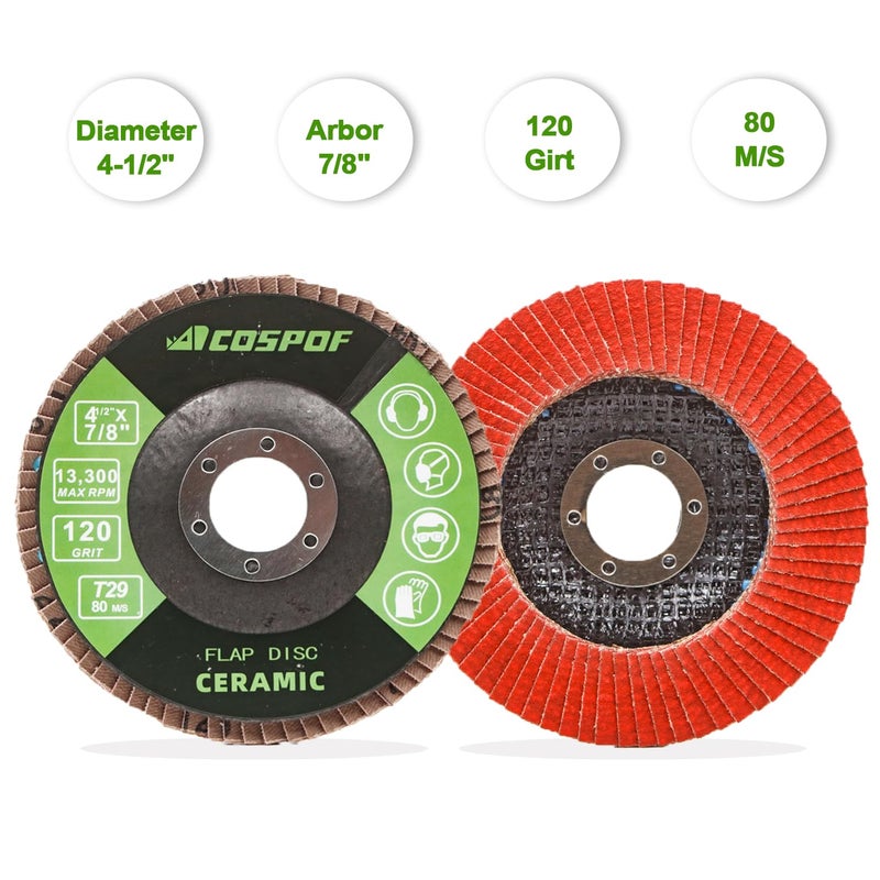 COSPOF Flap Discs, Flap Wheels 120 Grit, Ceramic Grinding Disc, 4-1/2 (115mm) x 7/8 Inch Work with Universal Angle Grinders, Suitable for Metal Sanding Grinding and Conditioning, Type29, 10 Pack. - Image 2